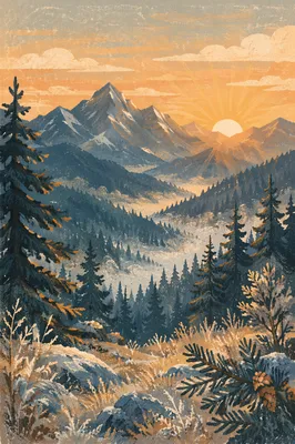 Golden Sunrise Over Evergreen Mountain Peaks