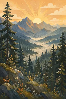 Golden Sunrise Over Evergreen Mountain Range