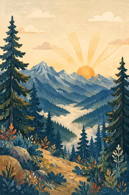 Golden Sunrise Over Evergreen Mountain Ridge