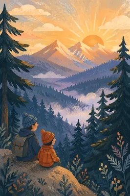 Golden Sunrise Over Evergreen Mountain Ridges