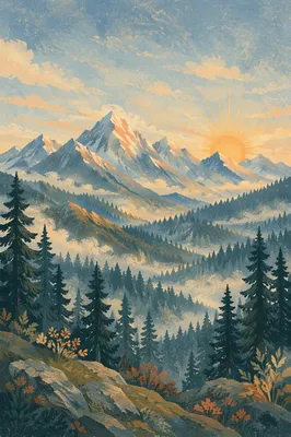 Golden Sunrise Over Evergreen Mountain Range