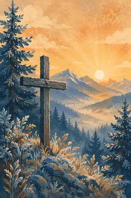 Golden Sunrise Cross Among Evergreen Mountains