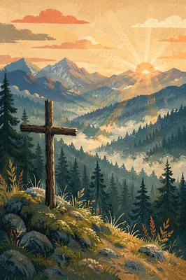 Golden Sunrise Cross Over Evergreen Mountains