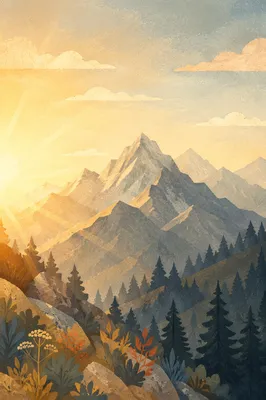 Golden Sunrise Over Evergreen Mountain Range