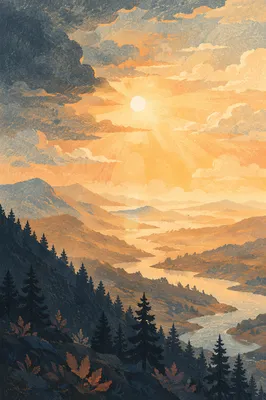 Golden Sunrise Over Evergreen Mountain Ridges