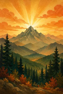 Golden Sunrise Over Evergreen Mountain Range
