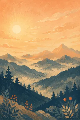 Golden Sunrise Over Evergreen Mountain Range