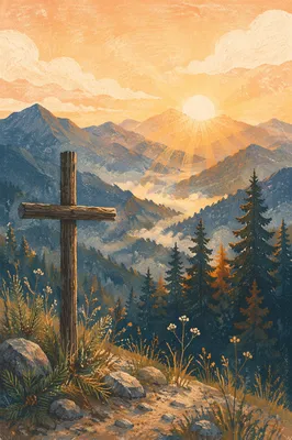 Wooden Cross at Golden Mountain Sunrise