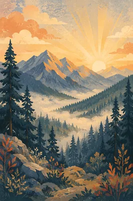 Golden Sunrise Over Evergreen Mountain Ridge