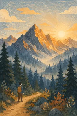 Golden Sunrise Over Evergreen Mountain Path