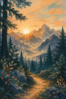 Golden Sunrise Over Evergreen Mountain Valley