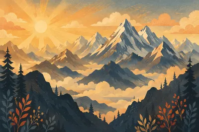 Golden Sunrise Over Evergreen Mountain Range