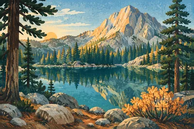 Golden Sunrise Over Evergreen Mountain Lake