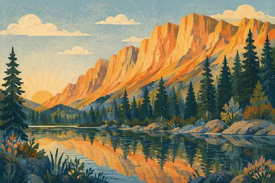 Golden Sunrise Over Evergreen Mountain Lake