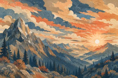 Golden Sunrise Over Evergreen Mountain Range