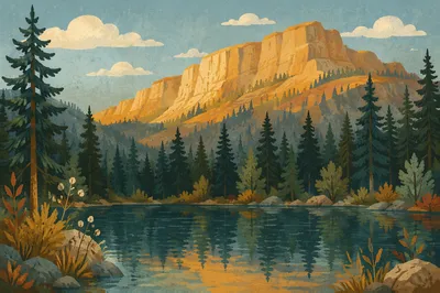 Golden Sunrise Over Evergreen Mountain Lake