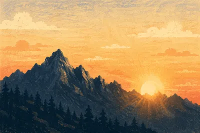 Golden Sunrise Over Evergreen Mountain Range