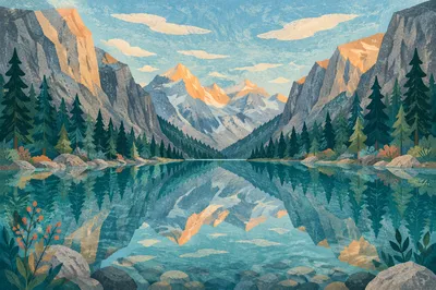 Golden Sunrise Over Evergreen Mountain Lake