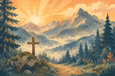 Golden Sunrise Cross in Evergreen Mountains
