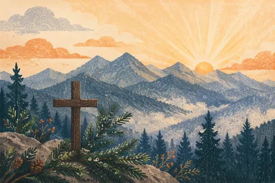 Golden Sunrise Cross Over Evergreen Mountains