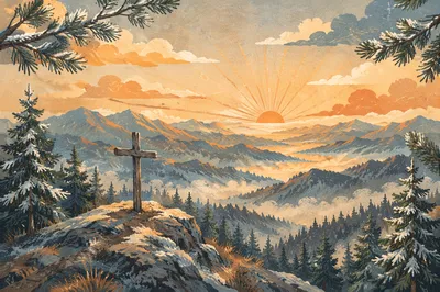 Golden Sunrise Cross Over Evergreen Mountains