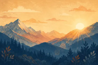 Golden Sunrise Over Evergreen Mountain Range