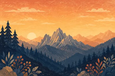 Golden Sunrise Over Evergreen Mountain Range