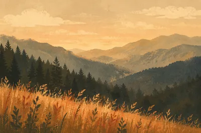 Golden Sunrise Over Evergreen Mountain Ridges