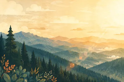 Golden Sunrise Over Evergreen Mountain Ridges