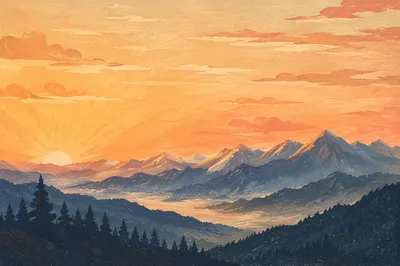 Golden Sunrise Over Evergreen Mountain Range