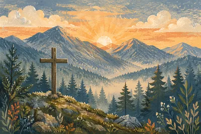 Golden Sunrise Cross in Evergreen Mountains