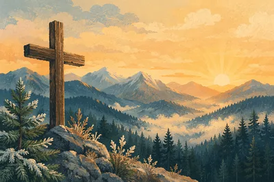 Wooden Cross at Golden Evergreen Sunrise