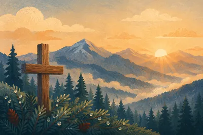 Wooden Cross at Golden Mountain Sunrise