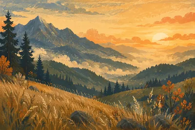 Golden Sunrise Over Evergreen Mountain Range