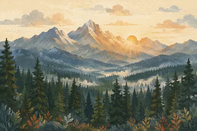 Golden Sunrise Over Evergreen Mountains