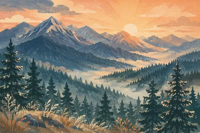 Golden Sunrise Over Evergreen Mountain Range