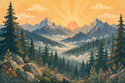 Golden Sunrise Over Evergreen Mountain Range