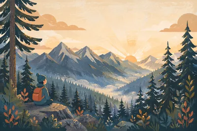 Golden Sunrise Over Evergreen Mountain Range