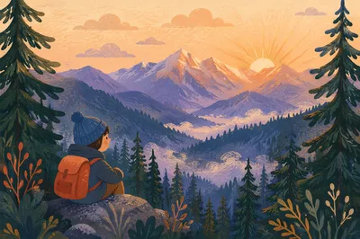 Golden Sunrise Over Evergreen Mountain Ridges