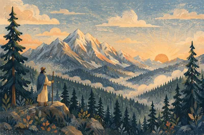 Golden Sunrise Over Evergreen Mountain Range