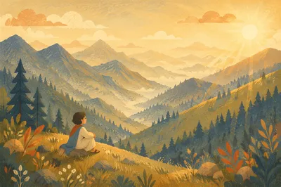 Golden Sunrise Over Evergreen Mountain Range