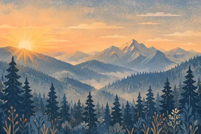Golden Sunrise Over Evergreen Mountains