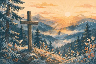 Golden Sunrise Cross Among Evergreen Mountains