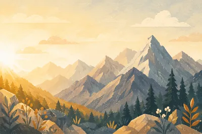 Golden Sunrise Over Evergreen Mountain Peaks