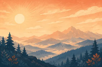 Golden Sunrise Over Evergreen Mountain Range