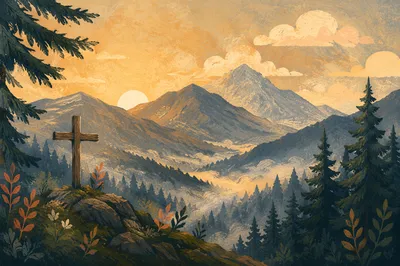 Golden Sunrise Cross Over Evergreen Mountains