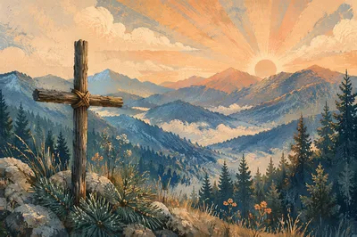 Golden Sunrise Cross Over Evergreen Mountains