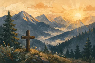 Golden Sunrise Cross Over Evergreen Mountains