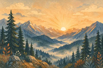 Golden Sunrise Over Evergreen Mountain Ridge