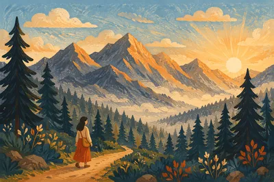 Golden Sunrise Over Evergreen Mountain Path